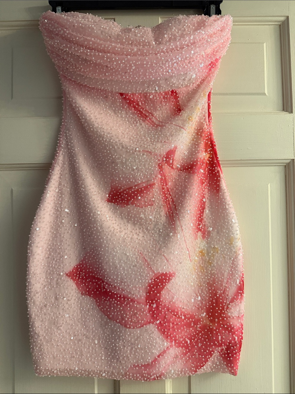 Pink Beaded Strapless Floral Dress